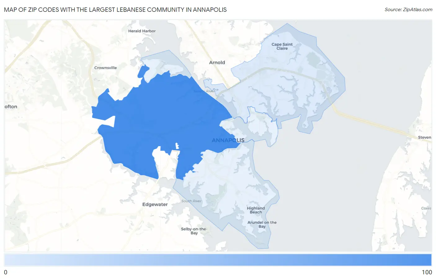 Zip Codes with the Largest Lebanese Community in Annapolis Map