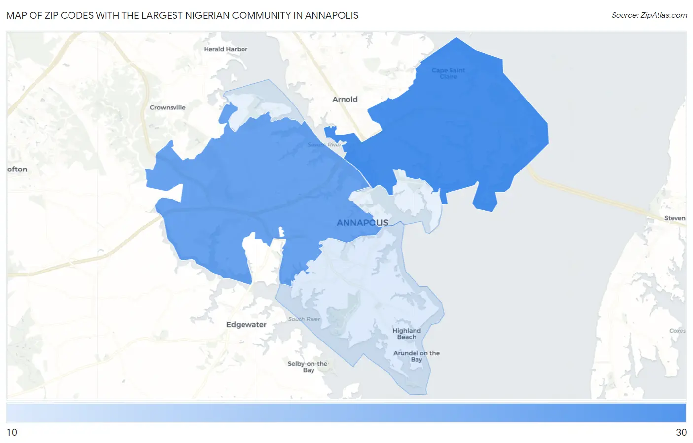 Zip Codes with the Largest Nigerian Community in Annapolis Map