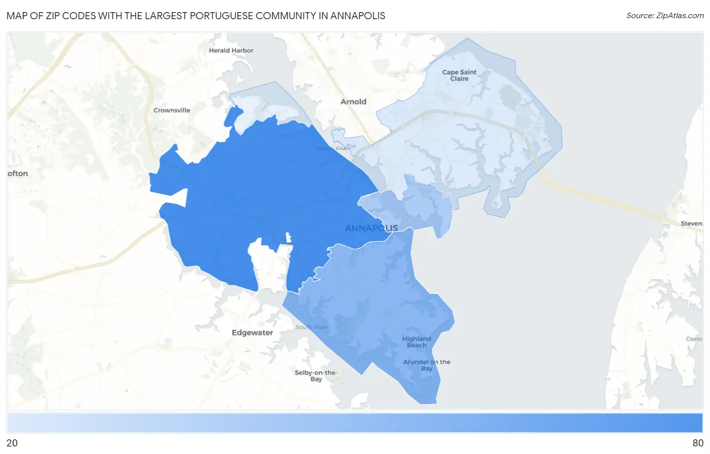 Zip Codes with the Largest Portuguese Community in Annapolis Map