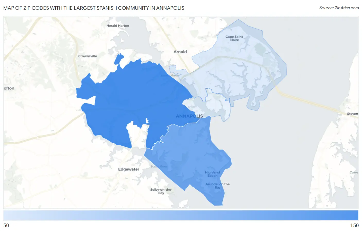 Zip Codes with the Largest Spanish Community in Annapolis Map