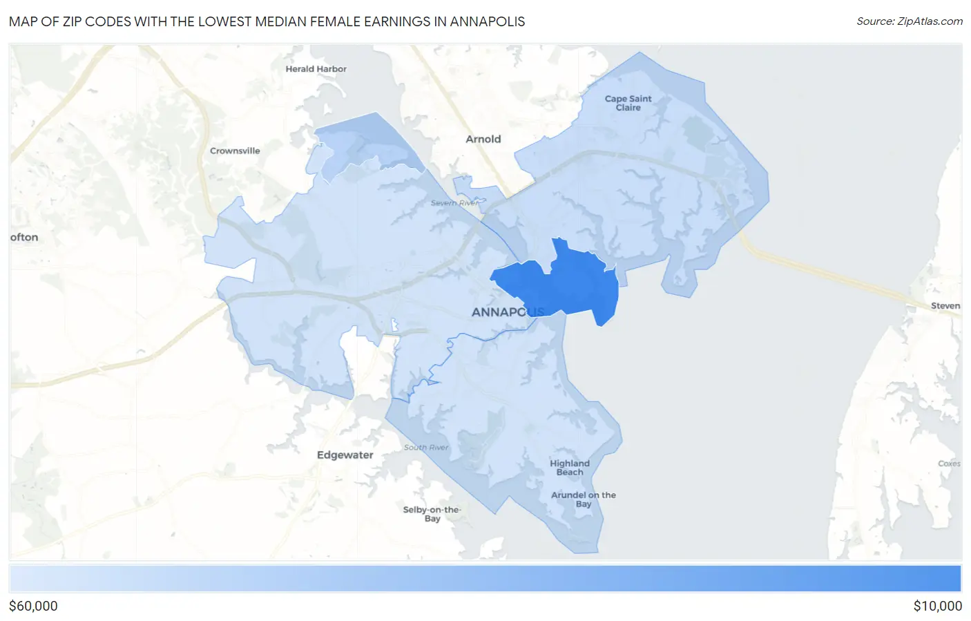 Zip Codes with the Lowest Median Female Earnings in Annapolis Map