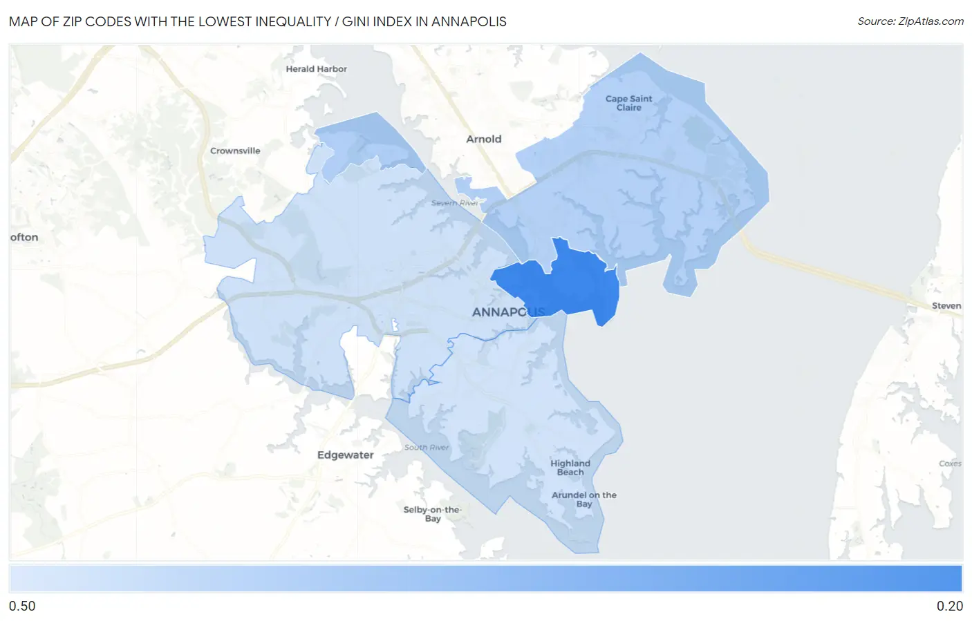 Zip Codes with the Lowest Inequality / Gini Index in Annapolis Map