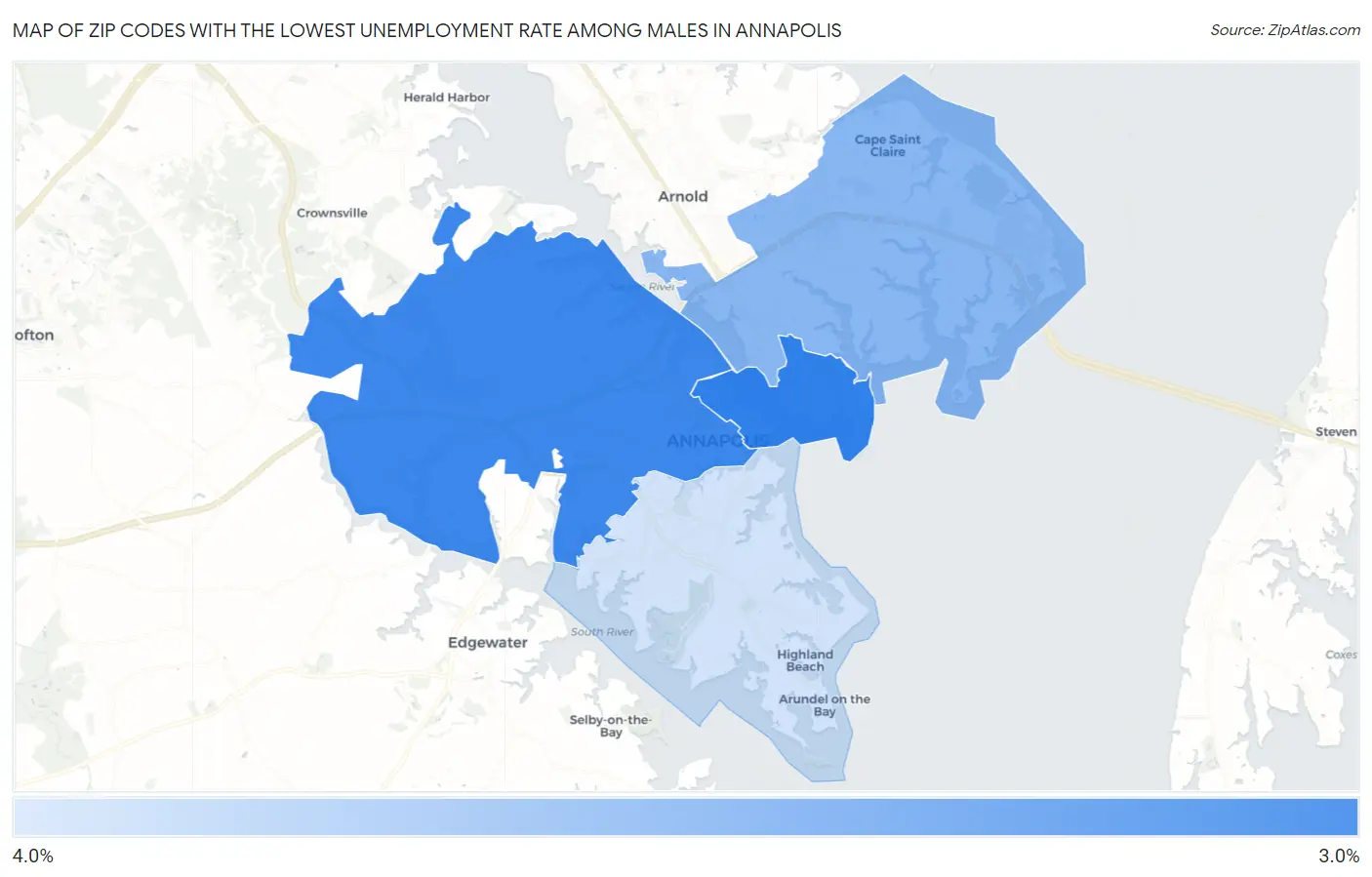 Zip Codes with the Lowest Unemployment Rate Among Males in Annapolis Map