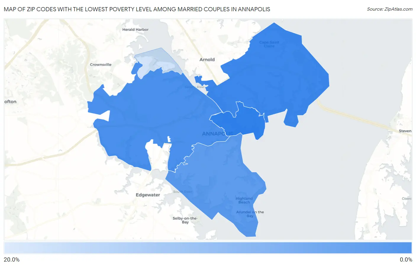Zip Codes with the Lowest Poverty Level Among Married Couples in Annapolis Map
