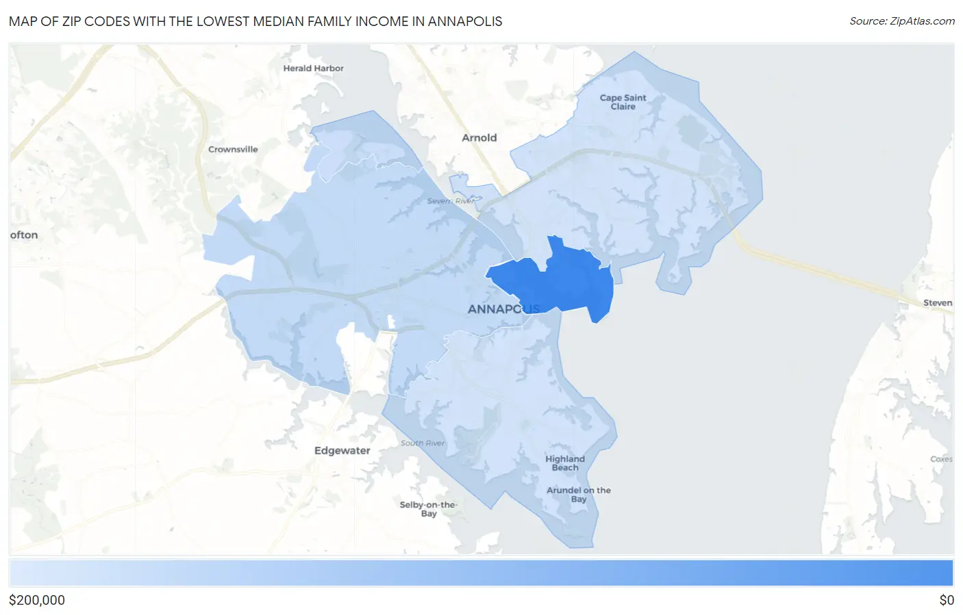 Zip Codes with the Lowest Median Family Income in Annapolis Map