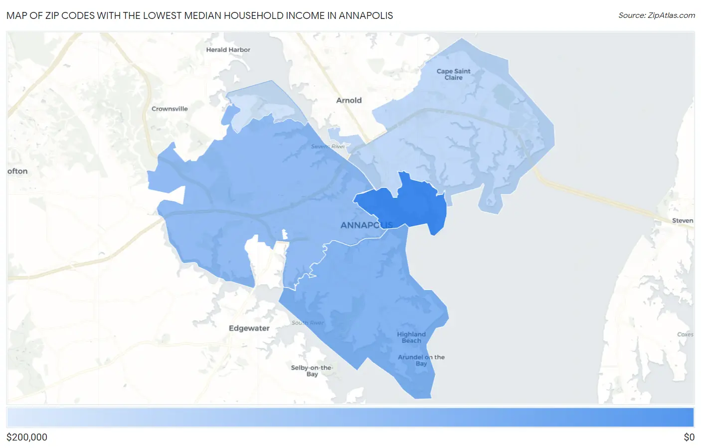 Zip Codes with the Lowest Median Household Income in Annapolis Map
