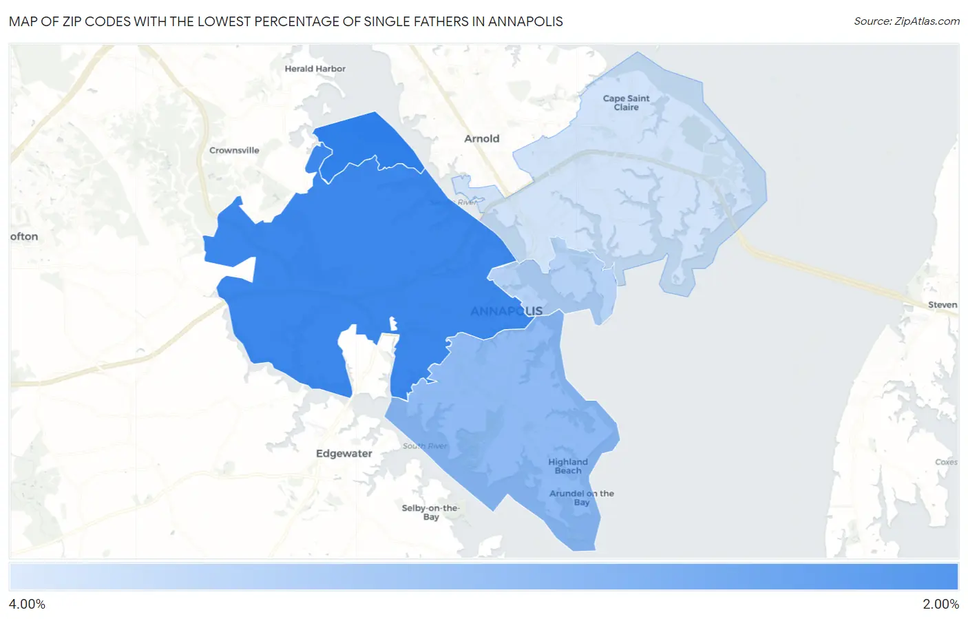 Zip Codes with the Lowest Percentage of Single Fathers in Annapolis Map