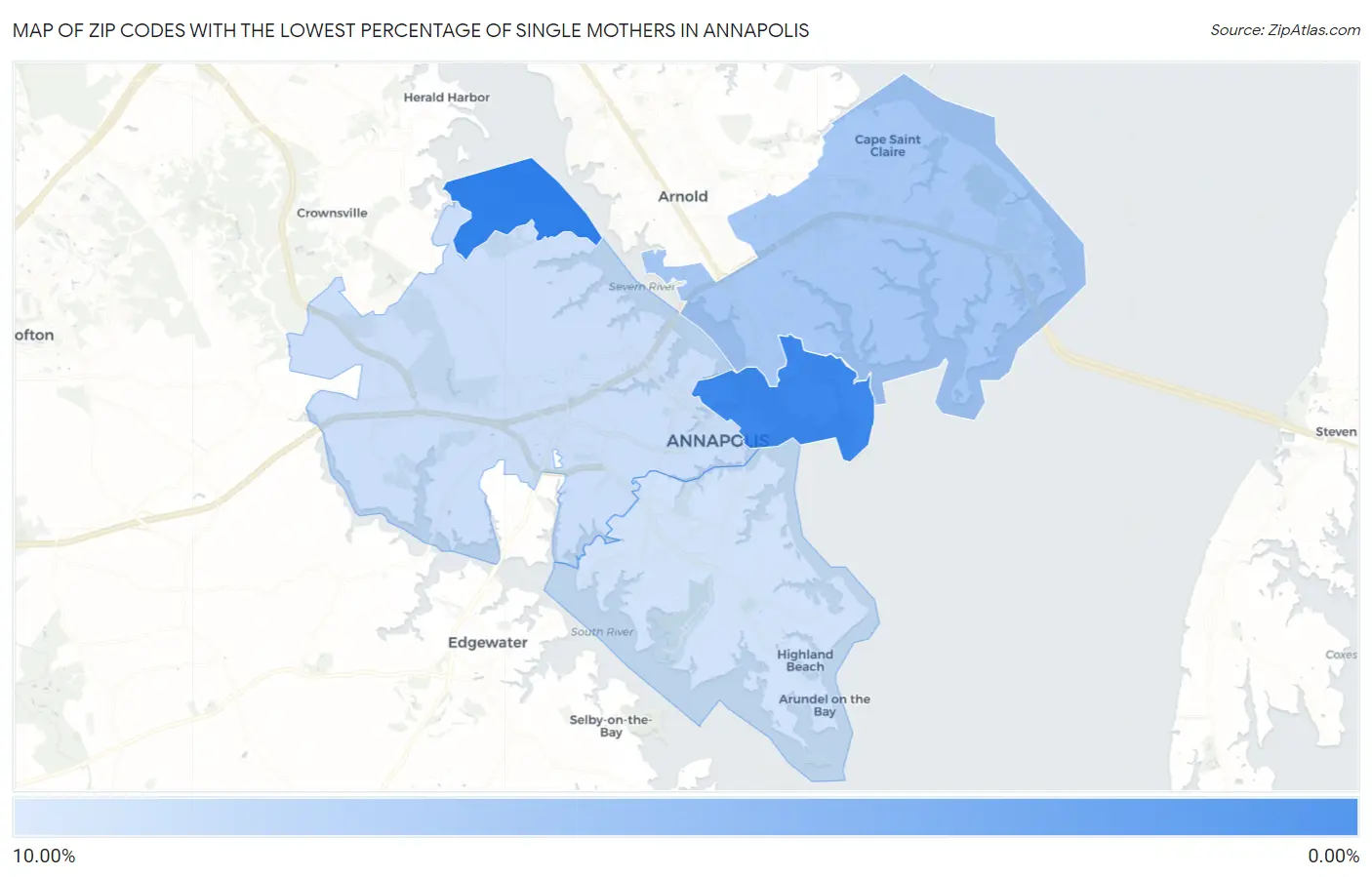 Zip Codes with the Lowest Percentage of Single Mothers in Annapolis Map