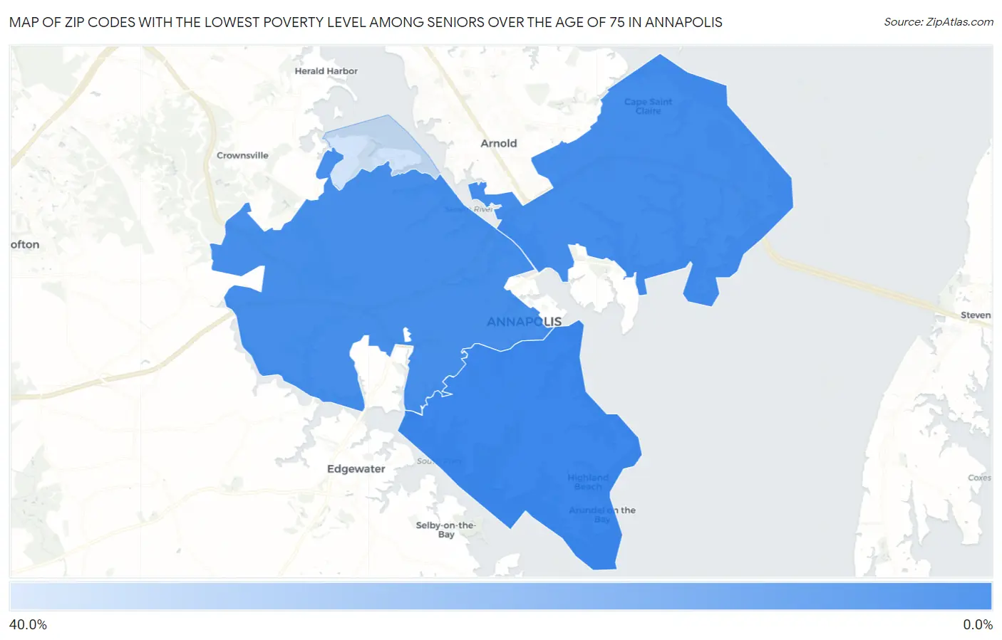 Zip Codes with the Lowest Poverty Level Among Seniors Over the Age of 75 in Annapolis Map
