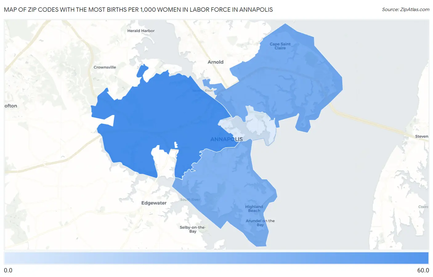 Zip Codes with the Most Births per 1,000 Women in Labor Force in Annapolis Map