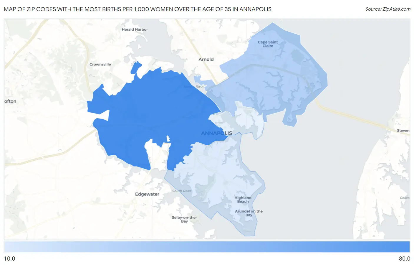 Zip Codes with the Most Births per 1,000 Women Over the Age of 35 in Annapolis Map