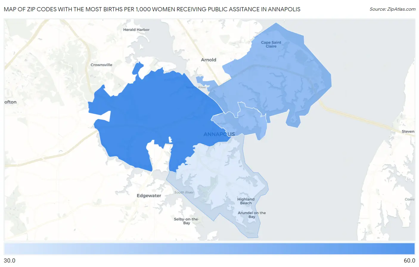 Zip Codes with the Most Births per 1,000 Women Receiving Public Assitance in Annapolis Map