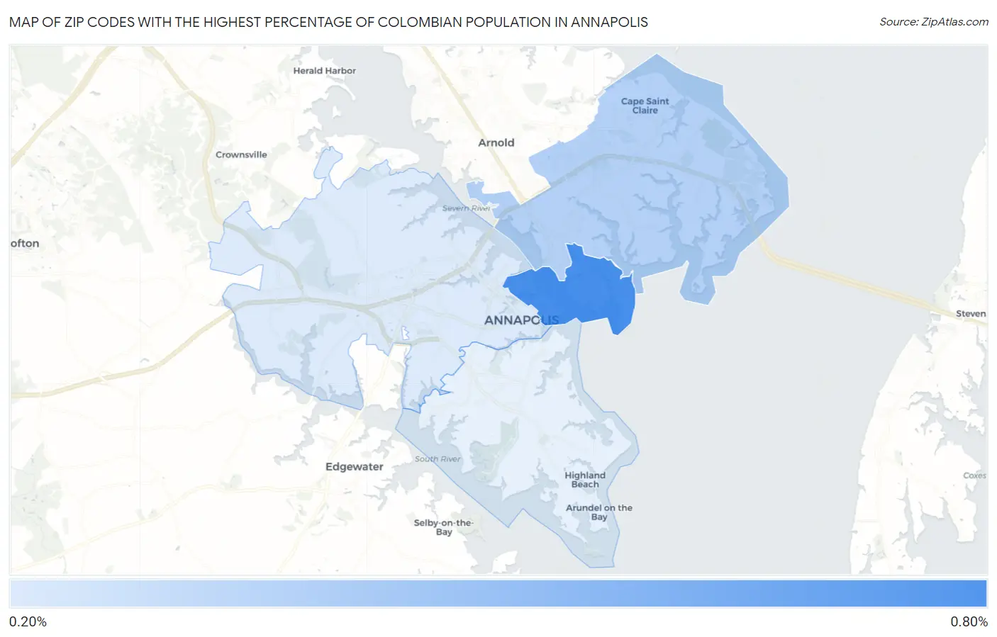 Zip Codes with the Highest Percentage of Colombian Population in Annapolis Map