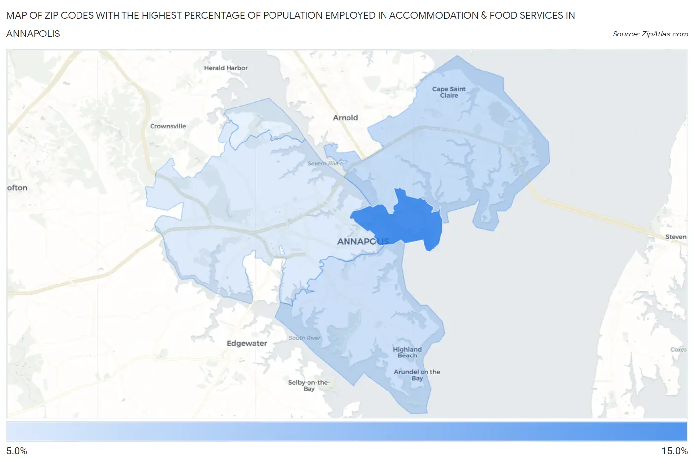 Zip Codes with the Highest Percentage of Population Employed in Accommodation & Food Services in Annapolis Map