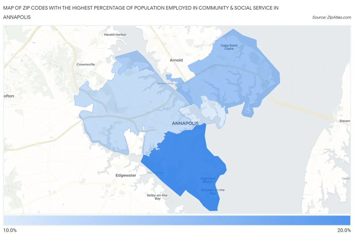 Zip Codes with the Highest Percentage of Population Employed in Community & Social Service  in Annapolis Map