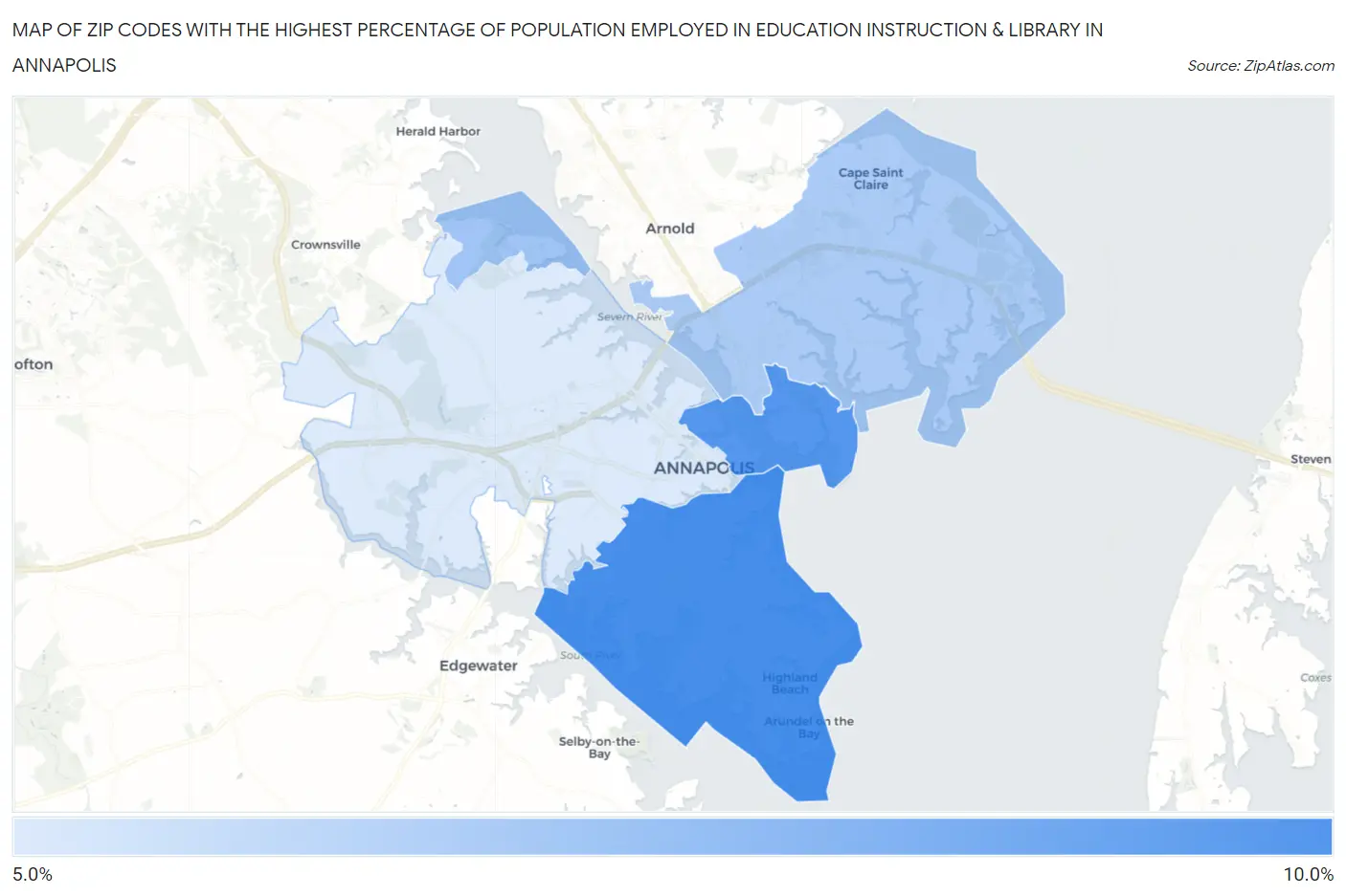 Zip Codes with the Highest Percentage of Population Employed in Education Instruction & Library in Annapolis Map