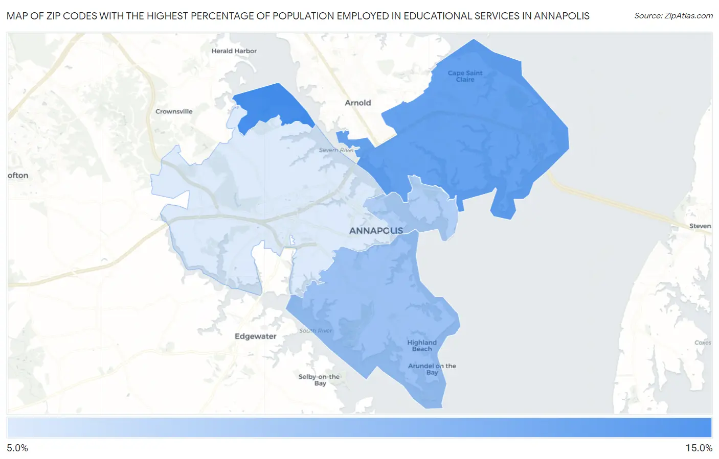 Zip Codes with the Highest Percentage of Population Employed in Educational Services in Annapolis Map