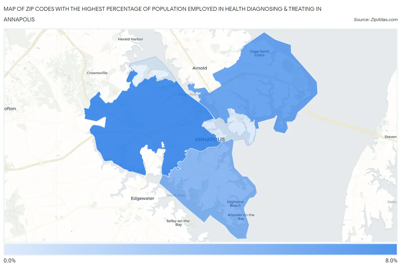 Zip Codes with the Highest Percentage of Population Employed in Health Diagnosing & Treating in Annapolis Map