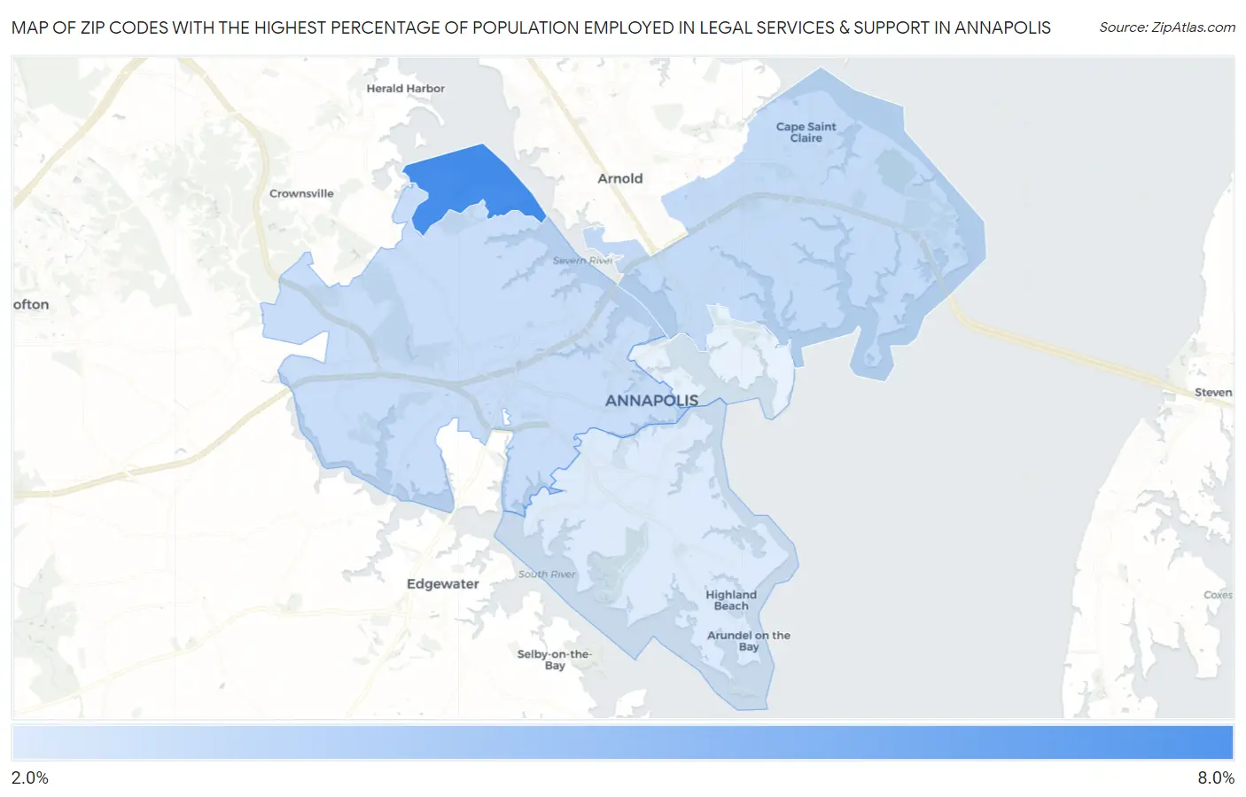 Zip Codes with the Highest Percentage of Population Employed in Legal Services & Support in Annapolis Map