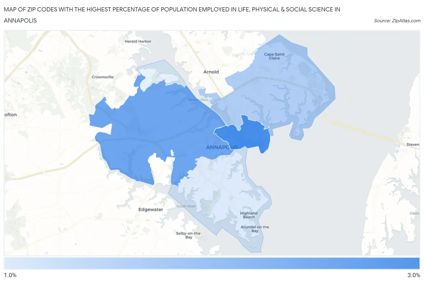 Zip Codes with the Highest Percentage of Population Employed in Life, Physical & Social Science in Annapolis Map