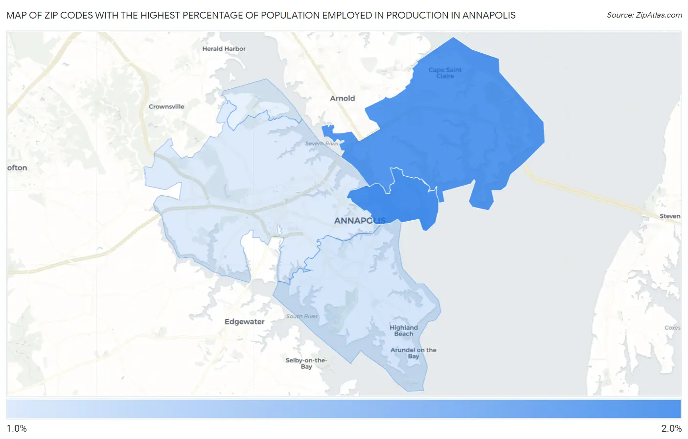 Zip Codes with the Highest Percentage of Population Employed in Production in Annapolis Map