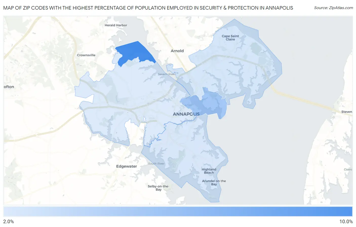Zip Codes with the Highest Percentage of Population Employed in Security & Protection in Annapolis Map