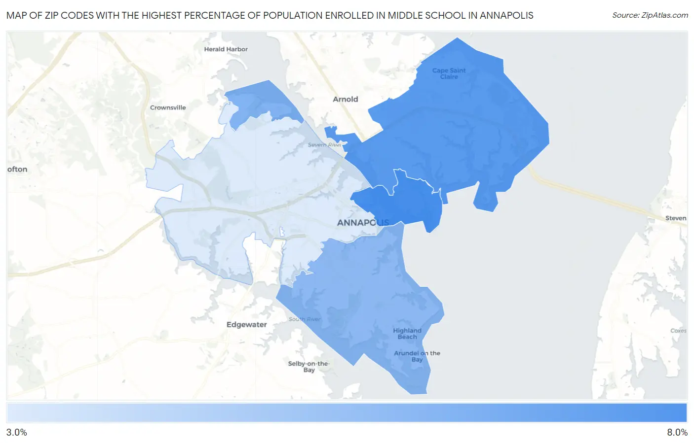 Zip Codes with the Highest Percentage of Population Enrolled in Middle School in Annapolis Map