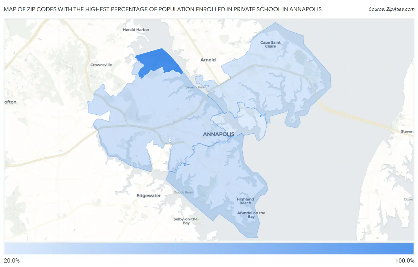 Zip Codes with the Highest Percentage of Population Enrolled in Private School in Annapolis Map