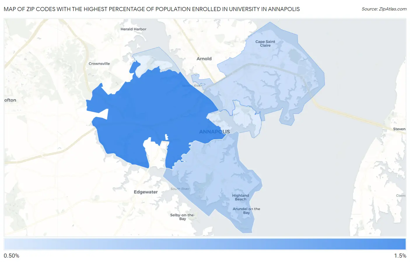 Zip Codes with the Highest Percentage of Population Enrolled in University in Annapolis Map