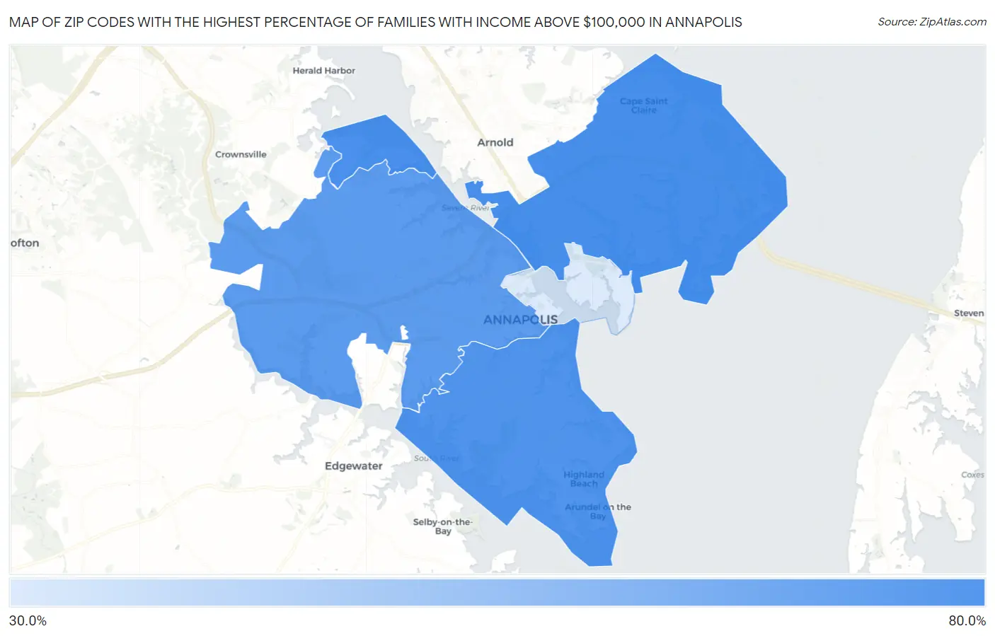Zip Codes with the Highest Percentage of Families with Income Above $100,000 in Annapolis Map