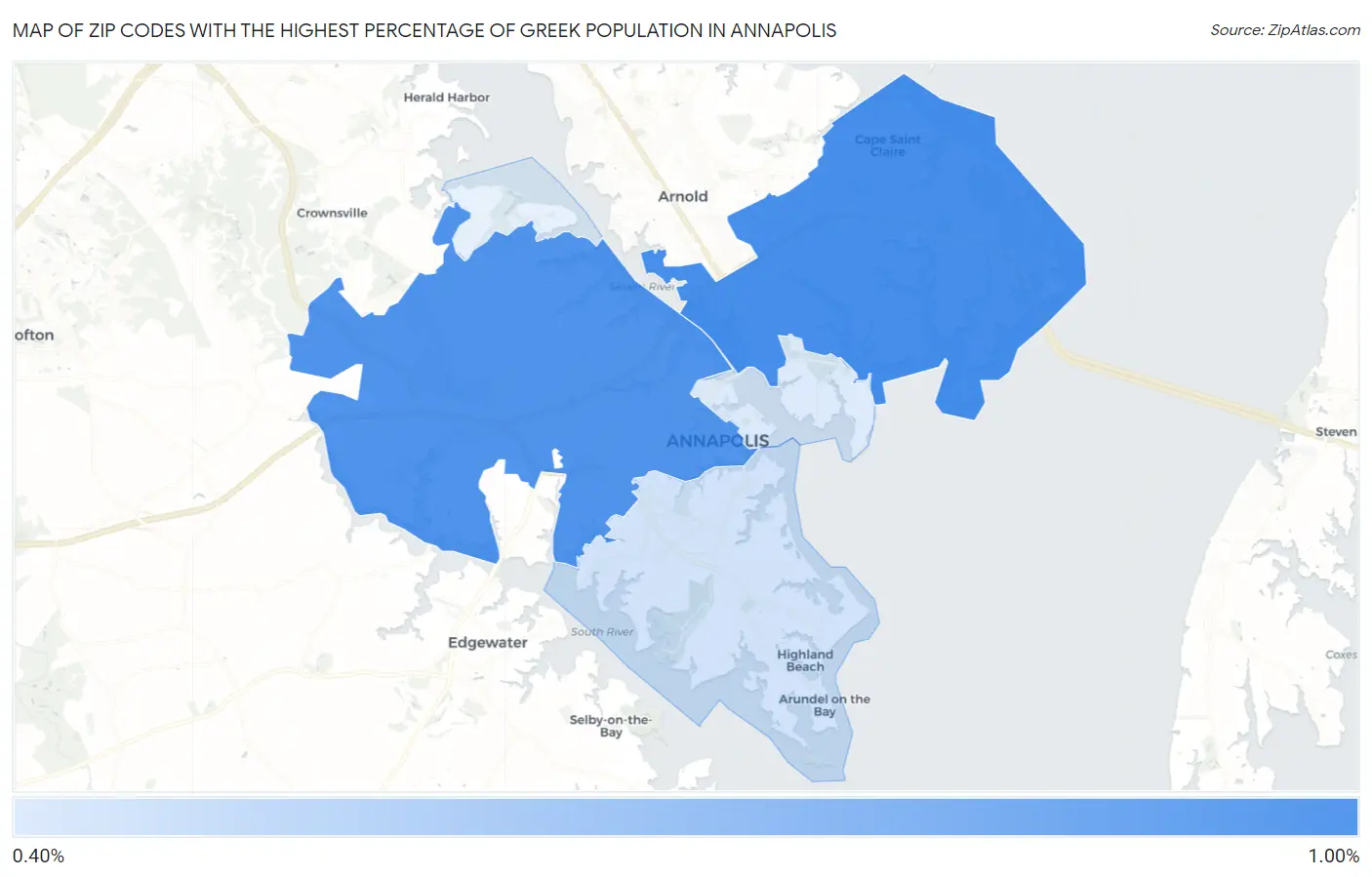 Zip Codes with the Highest Percentage of Greek Population in Annapolis Map