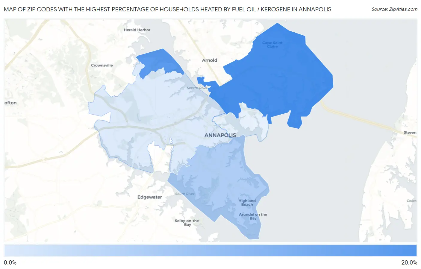 Zip Codes with the Highest Percentage of Households Heated by Fuel Oil / Kerosene in Annapolis Map