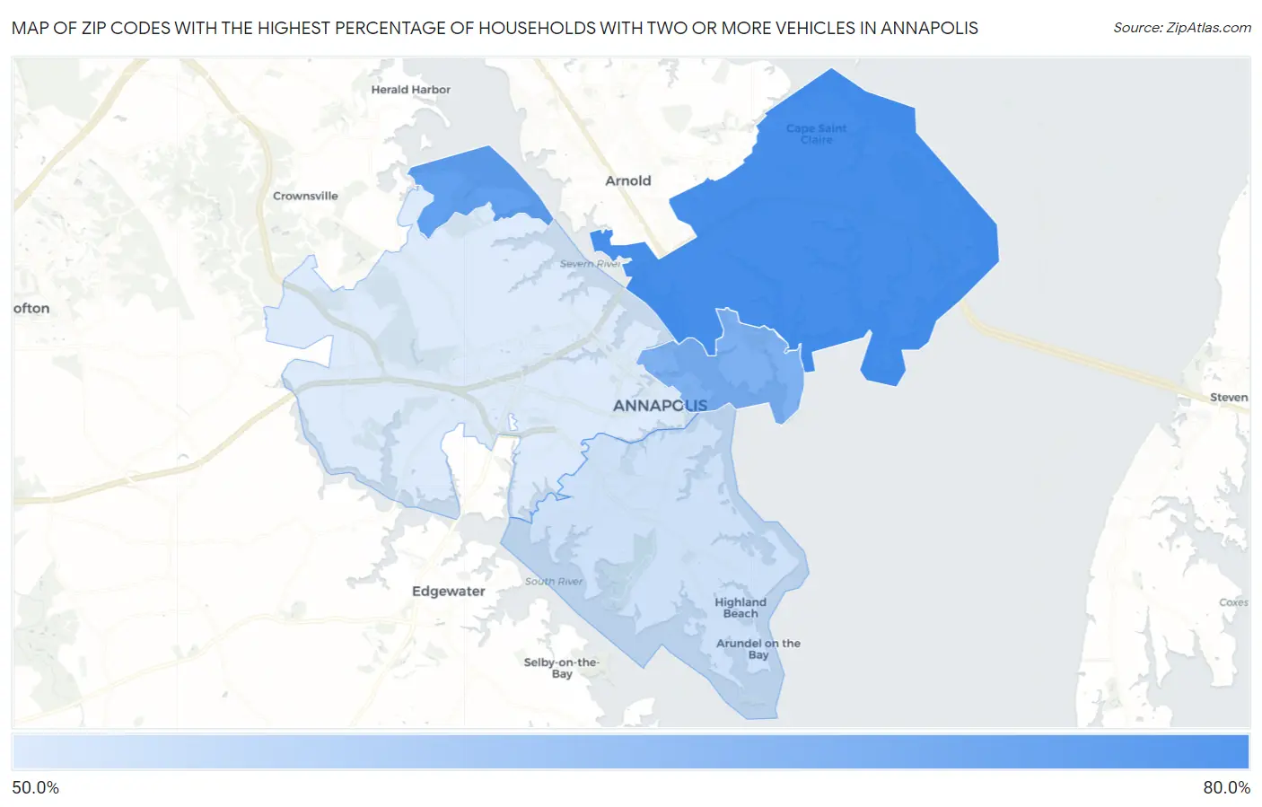 Zip Codes with the Highest Percentage of Households With Two or more Vehicles in Annapolis Map