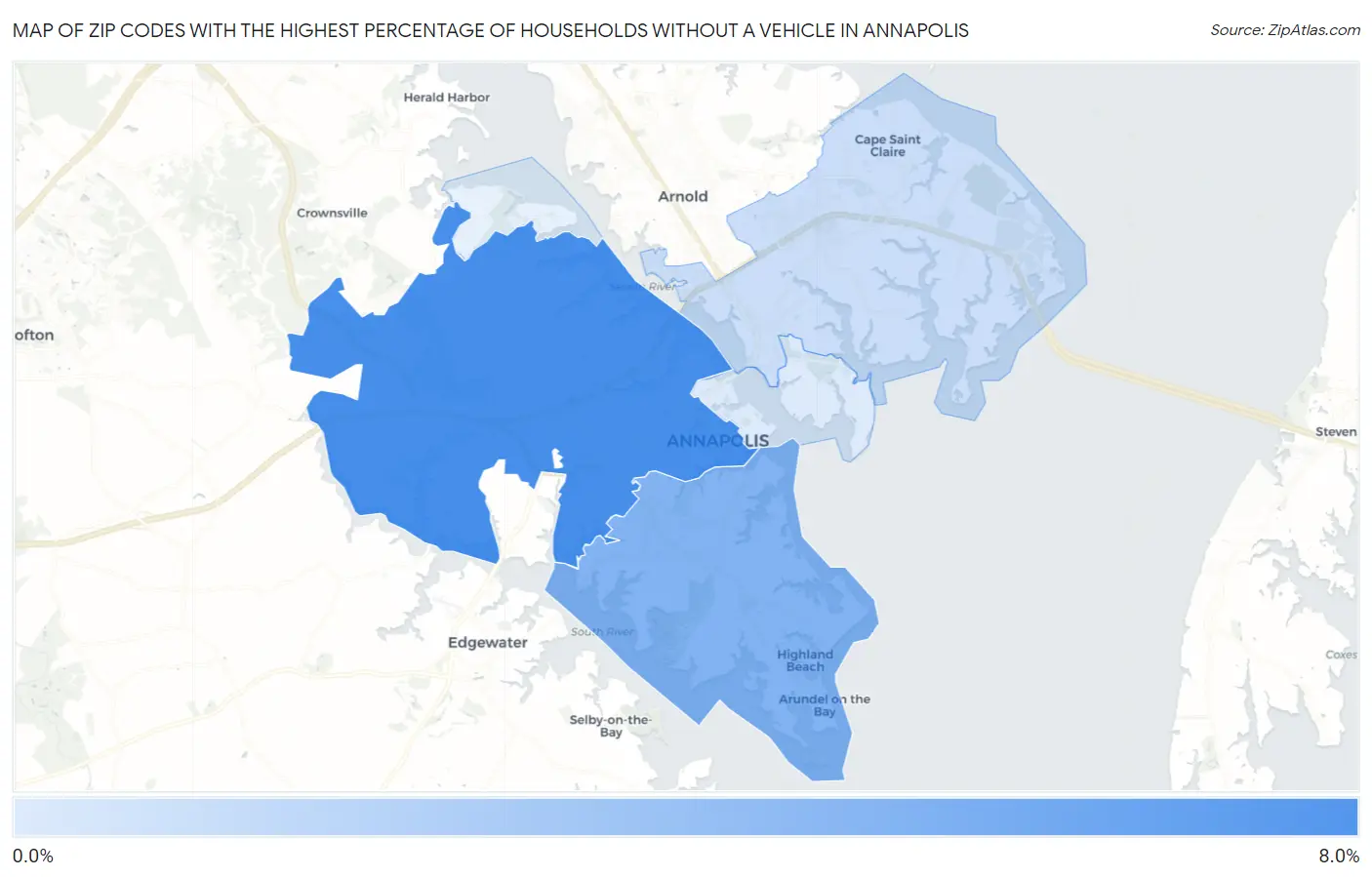 Zip Codes with the Highest Percentage of Households Without a Vehicle in Annapolis Map