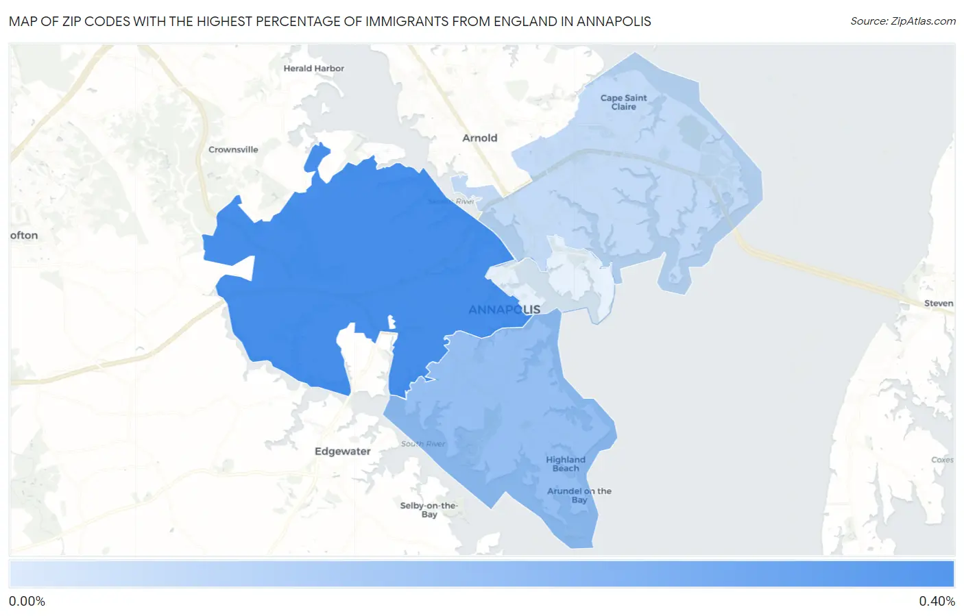 Zip Codes with the Highest Percentage of Immigrants from England in Annapolis Map