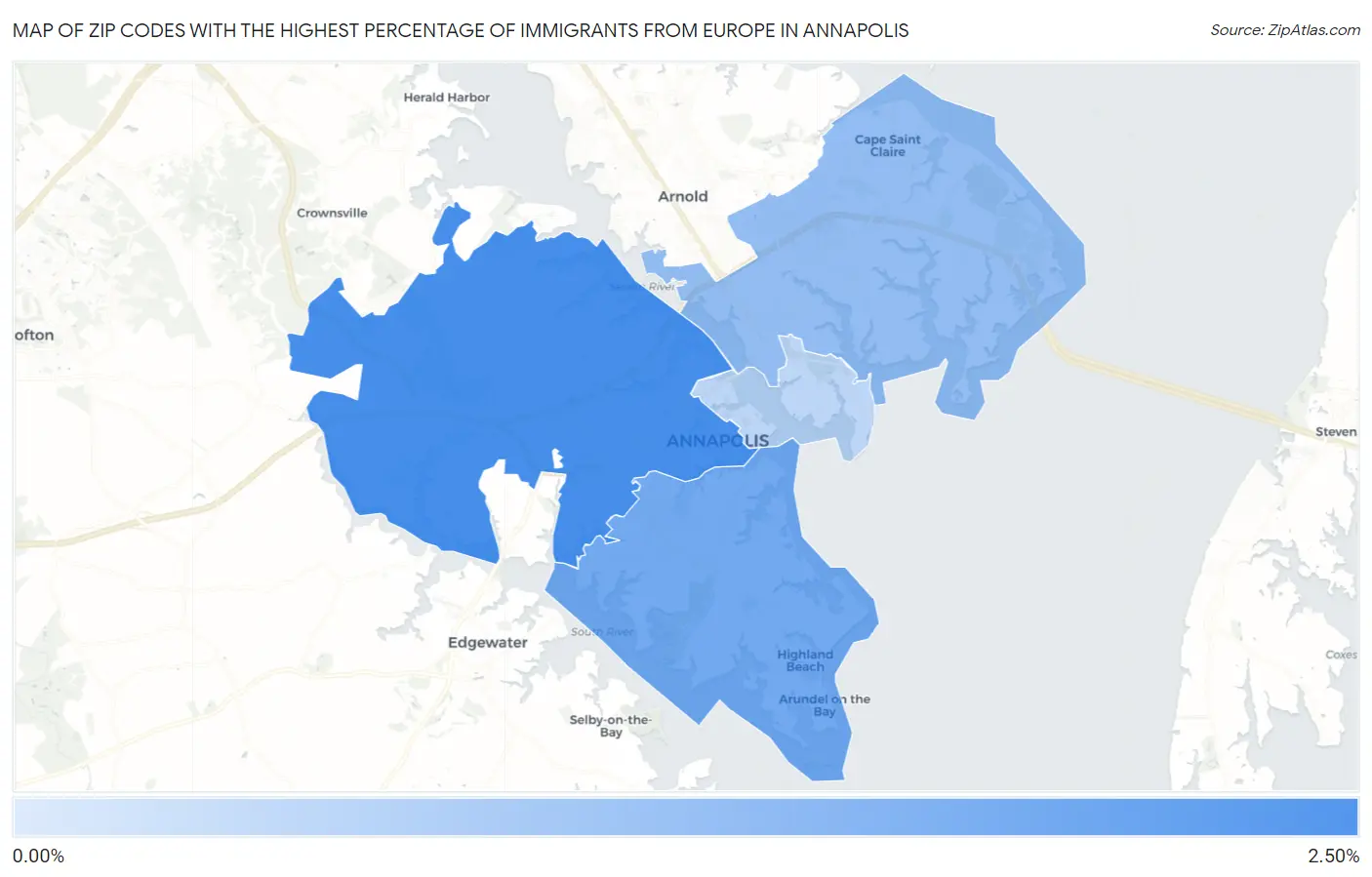 Zip Codes with the Highest Percentage of Immigrants from Europe in Annapolis Map
