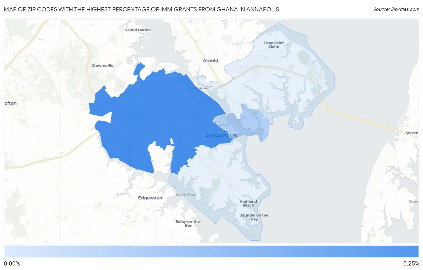 Zip Codes with the Highest Percentage of Immigrants from Ghana in Annapolis Map