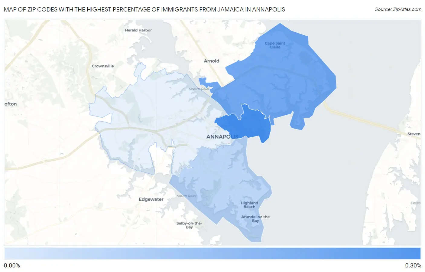 Zip Codes with the Highest Percentage of Immigrants from Jamaica in Annapolis Map