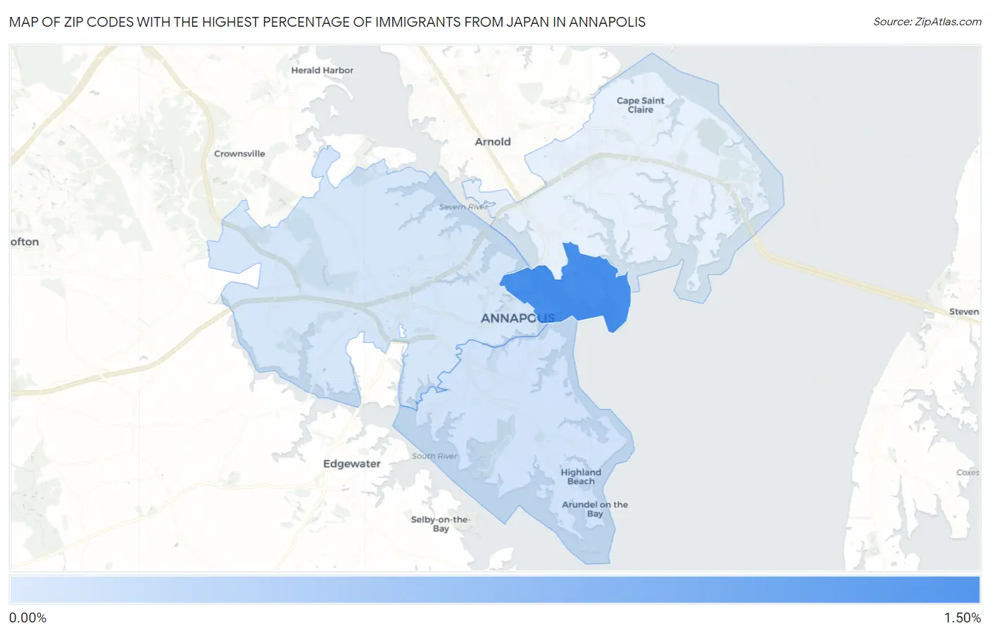 Zip Codes with the Highest Percentage of Immigrants from Japan in Annapolis Map