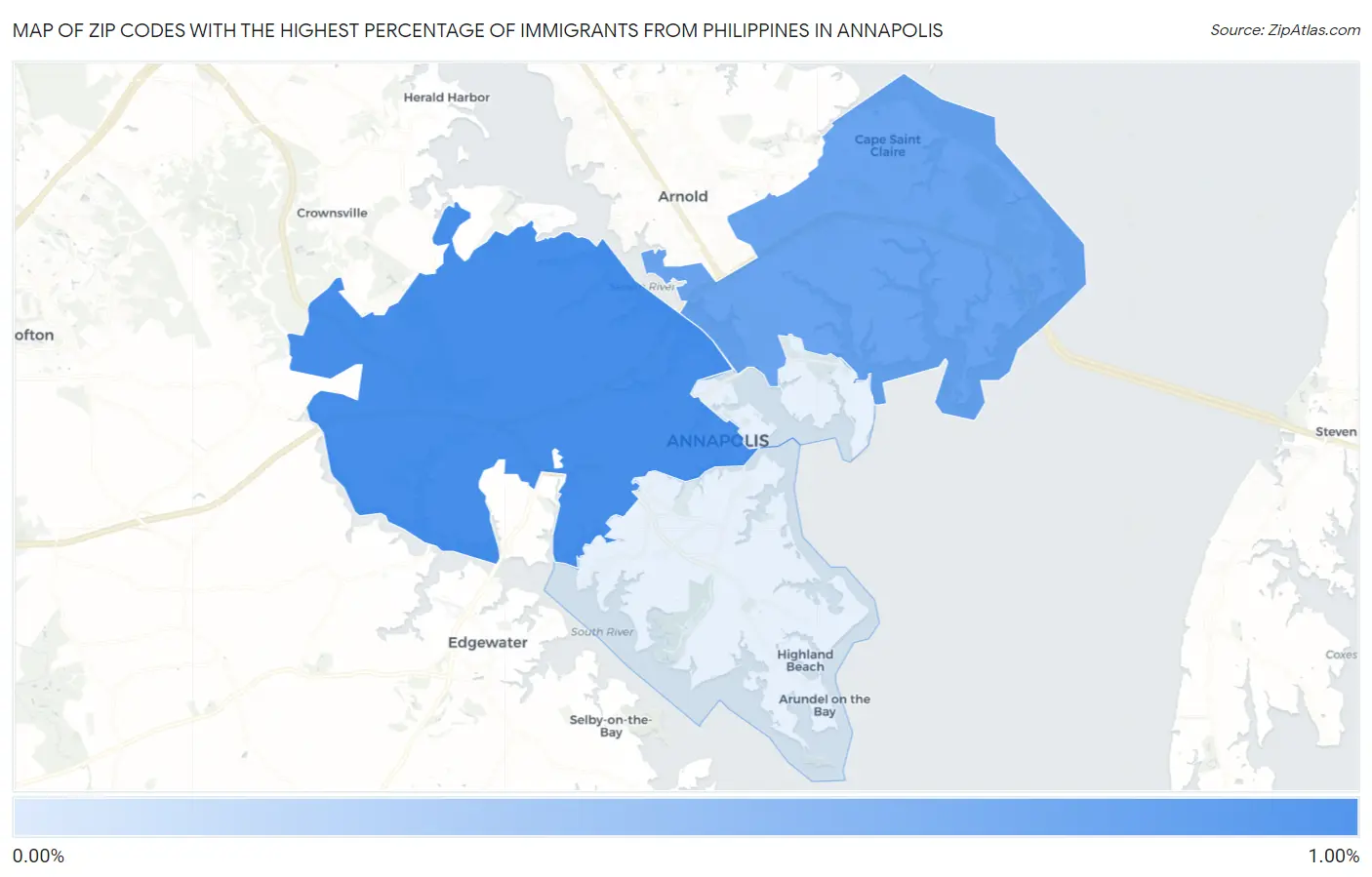 Zip Codes with the Highest Percentage of Immigrants from Philippines in Annapolis Map