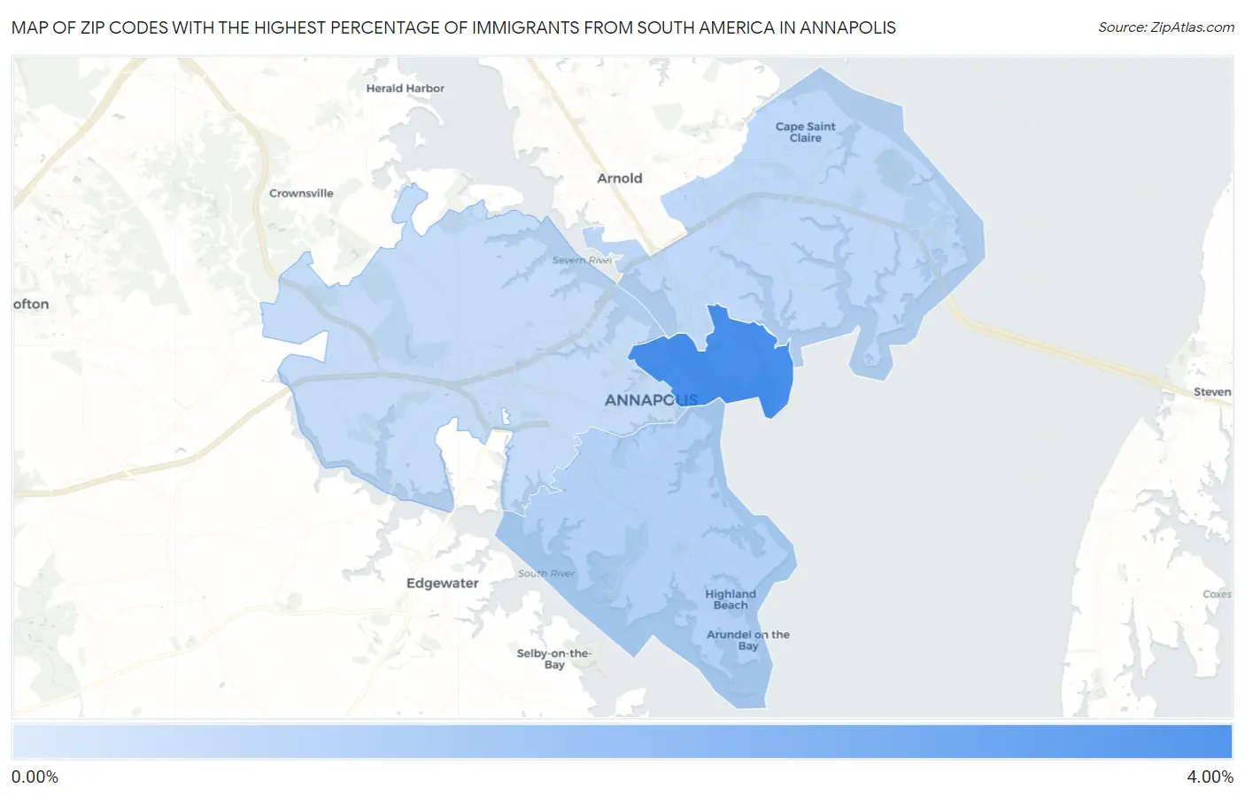 Zip Codes with the Highest Percentage of Immigrants from South America in Annapolis Map