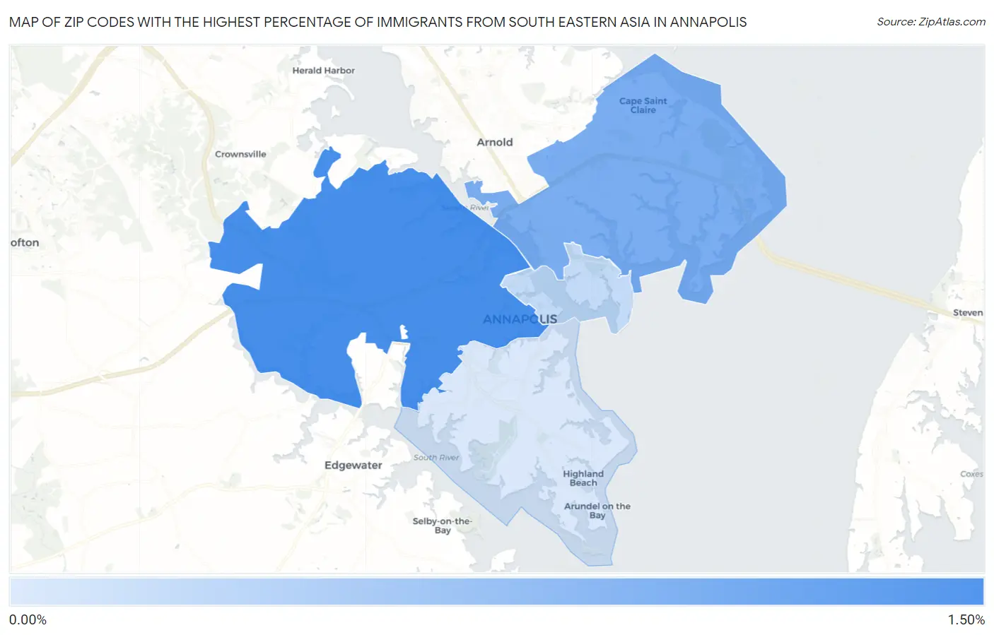 Zip Codes with the Highest Percentage of Immigrants from South Eastern Asia in Annapolis Map