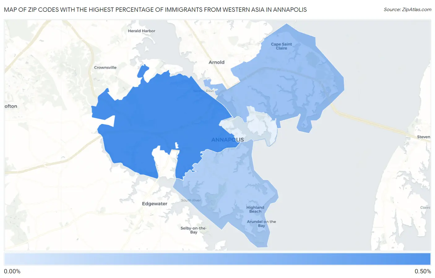 Zip Codes with the Highest Percentage of Immigrants from Western Asia in Annapolis Map