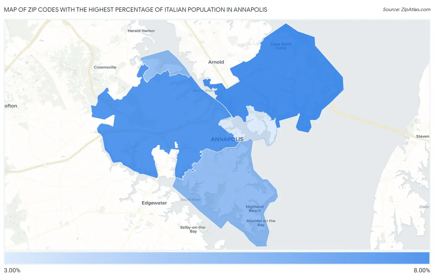 Zip Codes with the Highest Percentage of Italian Population in Annapolis Map