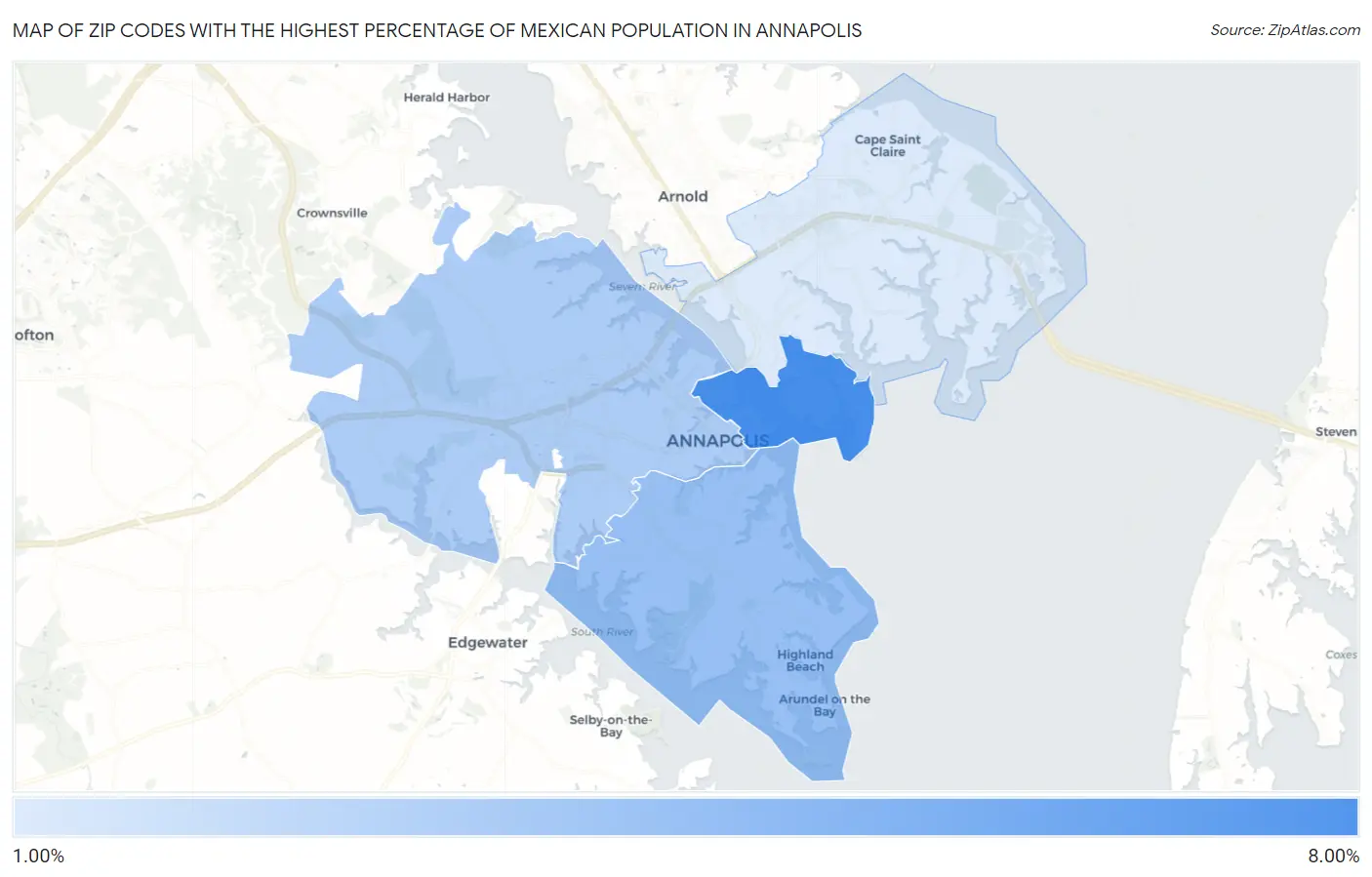 Zip Codes with the Highest Percentage of Mexican Population in Annapolis Map