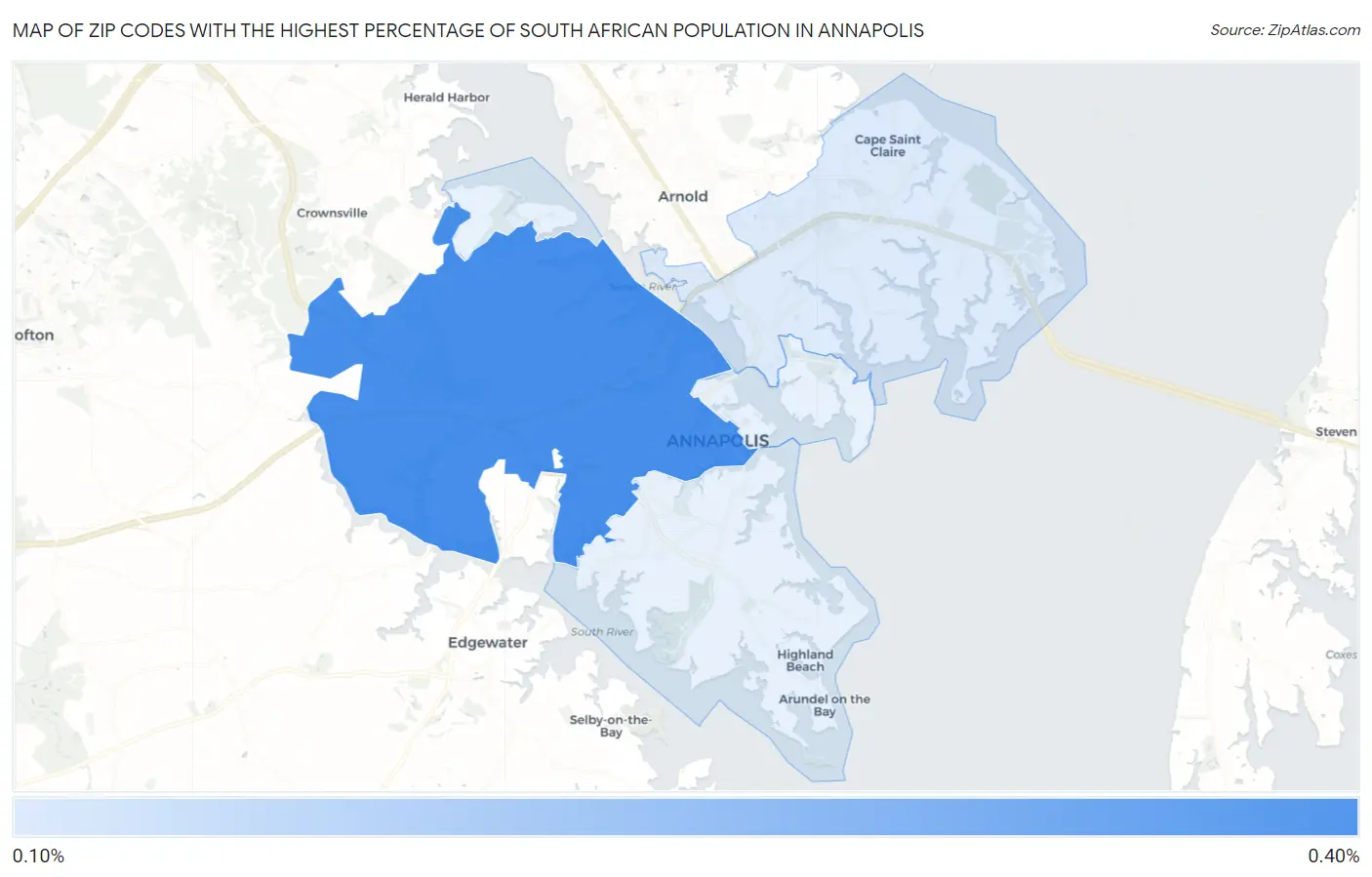 Zip Codes with the Highest Percentage of South African Population in Annapolis Map