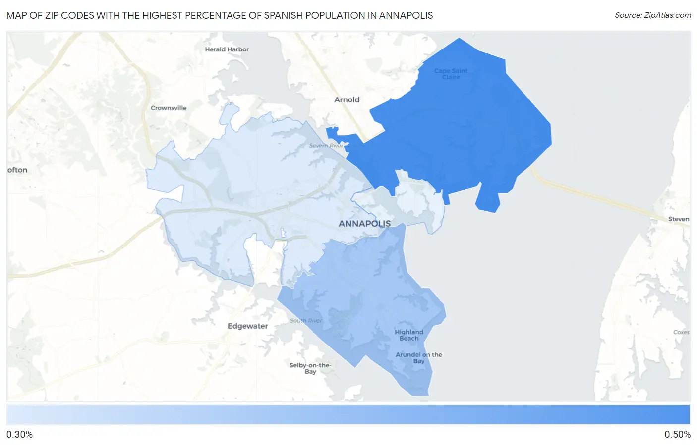 Zip Codes with the Highest Percentage of Spanish Population in Annapolis Map