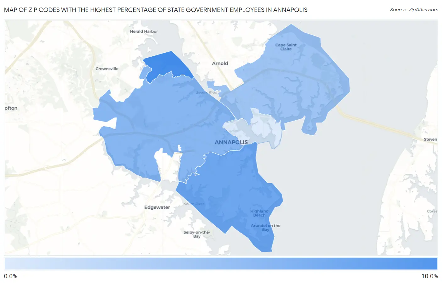 Zip Codes with the Highest Percentage of State Government Employees in Annapolis Map