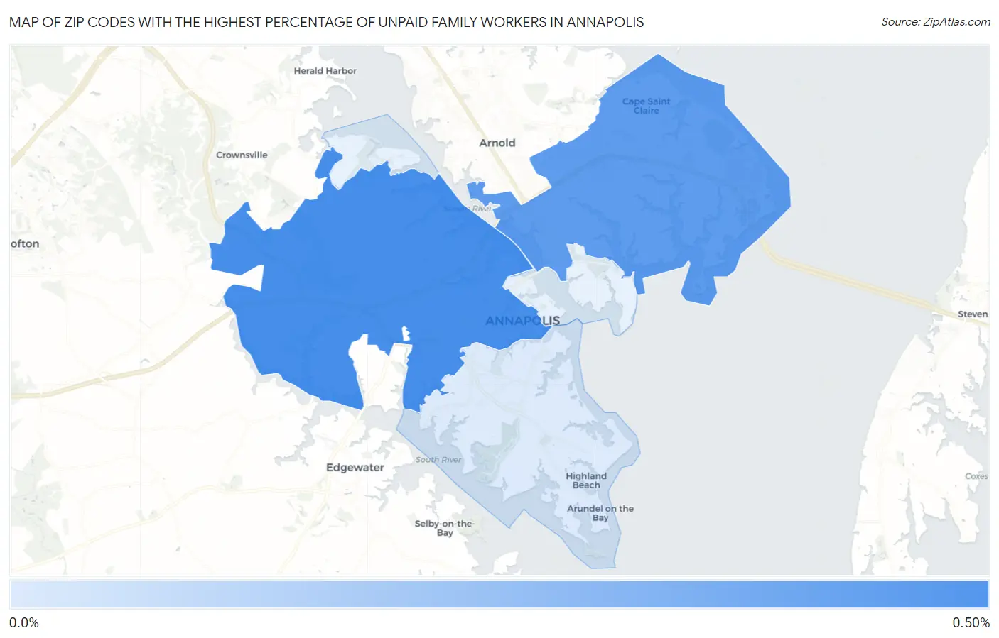 Zip Codes with the Highest Percentage of Unpaid Family Workers in Annapolis Map