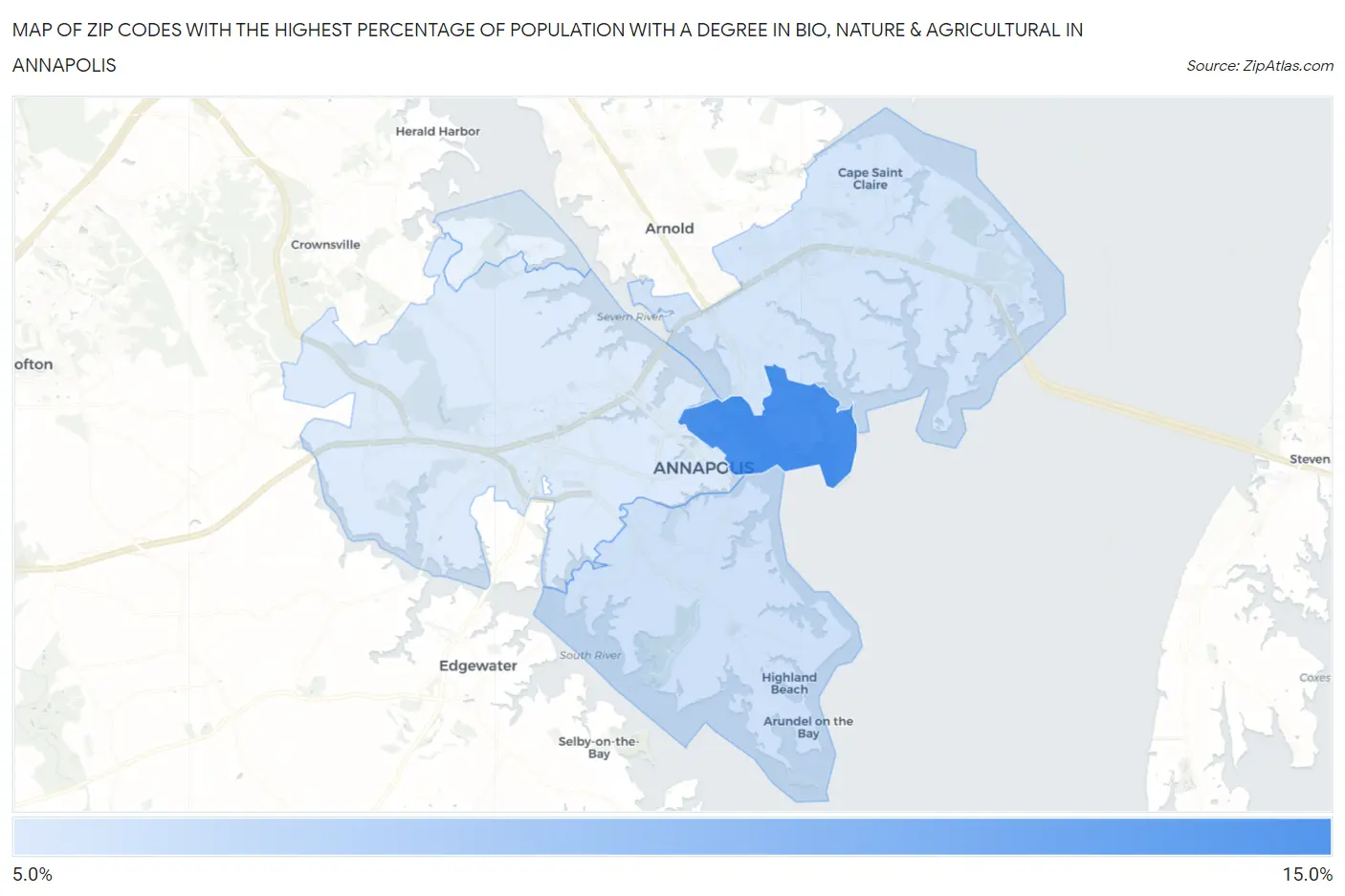 Zip Codes with the Highest Percentage of Population with a Degree in Bio, Nature & Agricultural in Annapolis Map